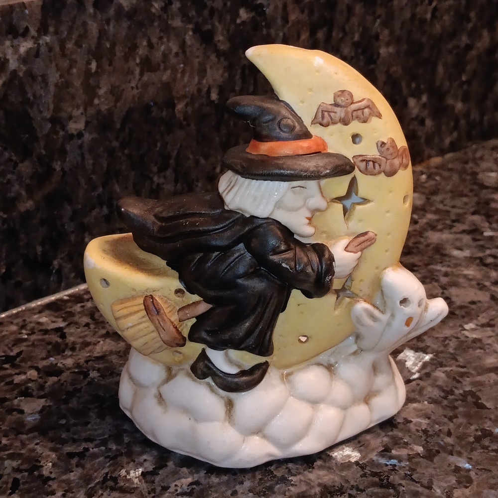 Vintage Tea Light Holder Halloween  Witch and Ghost Only Use a Battery Candle